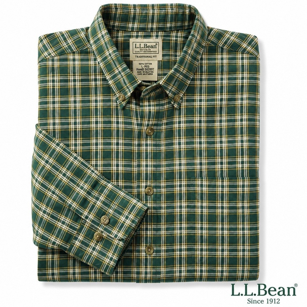 L.L.Bean Men's Large Green Plaid Traditional Fit Cotton Twill Button Down Shirt